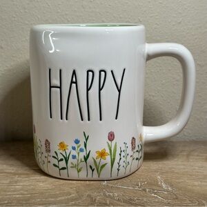 Rae Dunn Happy White Ceramic Mug With Floral Design Mint Green Interior